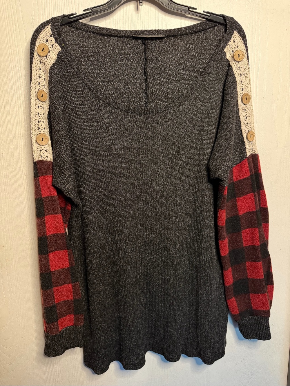 Glitzy Girls Women’s Dark Gray Pullover Sweater with Red Buffalo Plaid Sleeves
